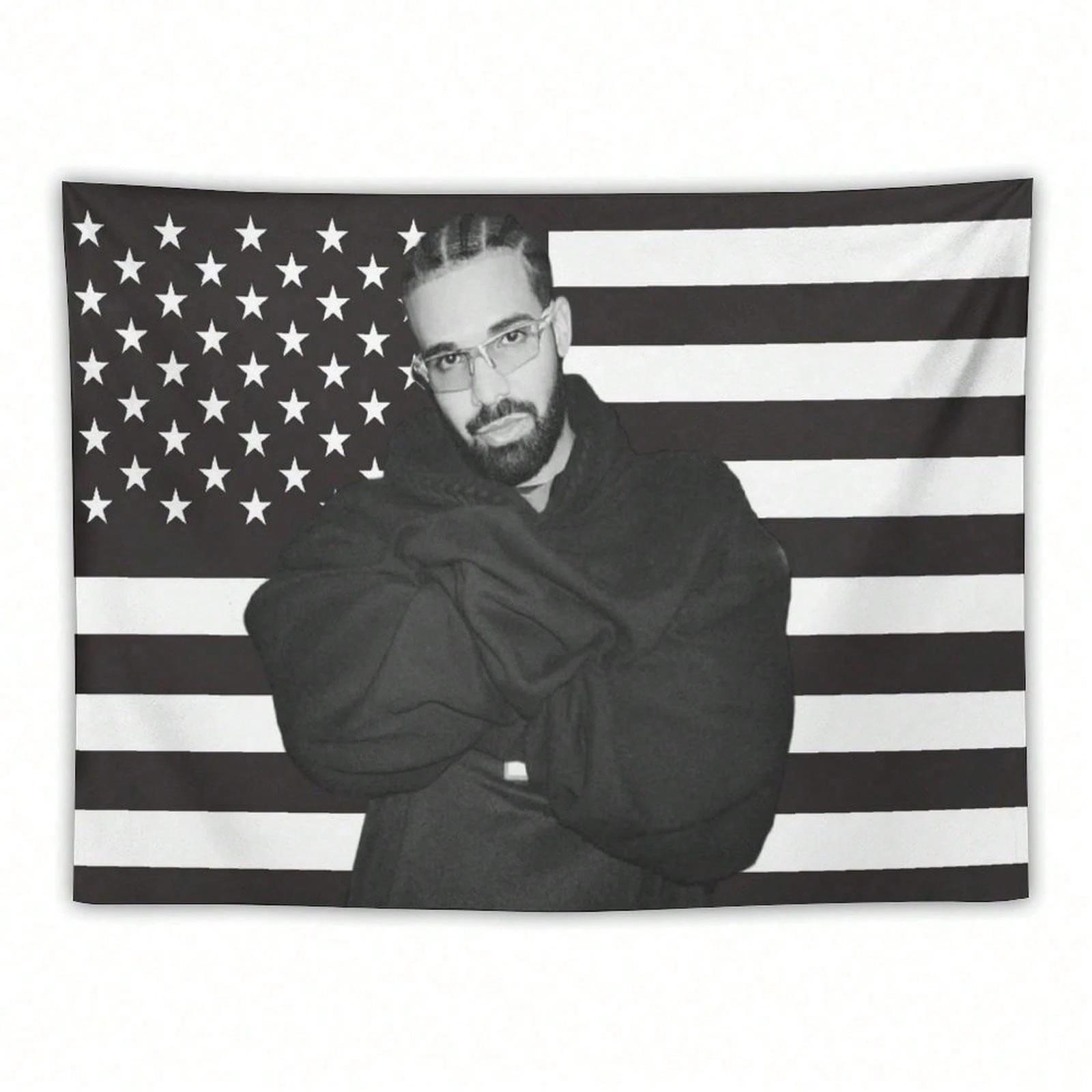 

1pc Drake Hip Hop Fan Flag Tapestry Polyester 2D Wall Decor Black White American Flag Art Bedroom Living Room Dorm Wall Hangi 74x94cm(29x37in)
