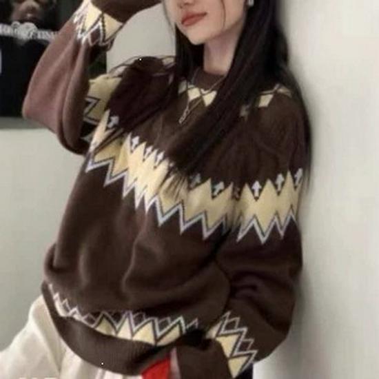 2026 Women's Diamond Jacquard Color Block Sweater - Autumn/Winter College Style Loose Knit Pullover