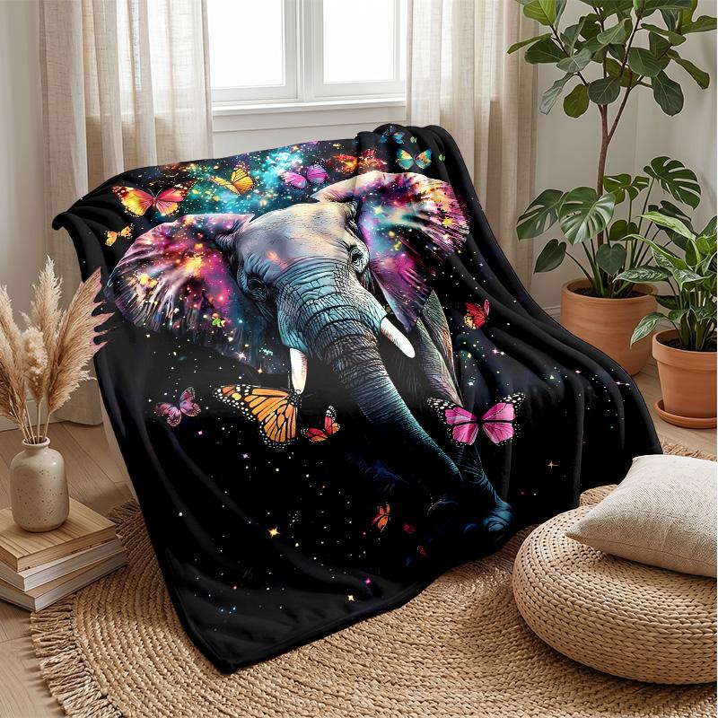 Elephant with Butterflies In Jungle Theme Blanket Lightweight Warm Flannel Blanket Decorative Throw Blanket for Home Decoration