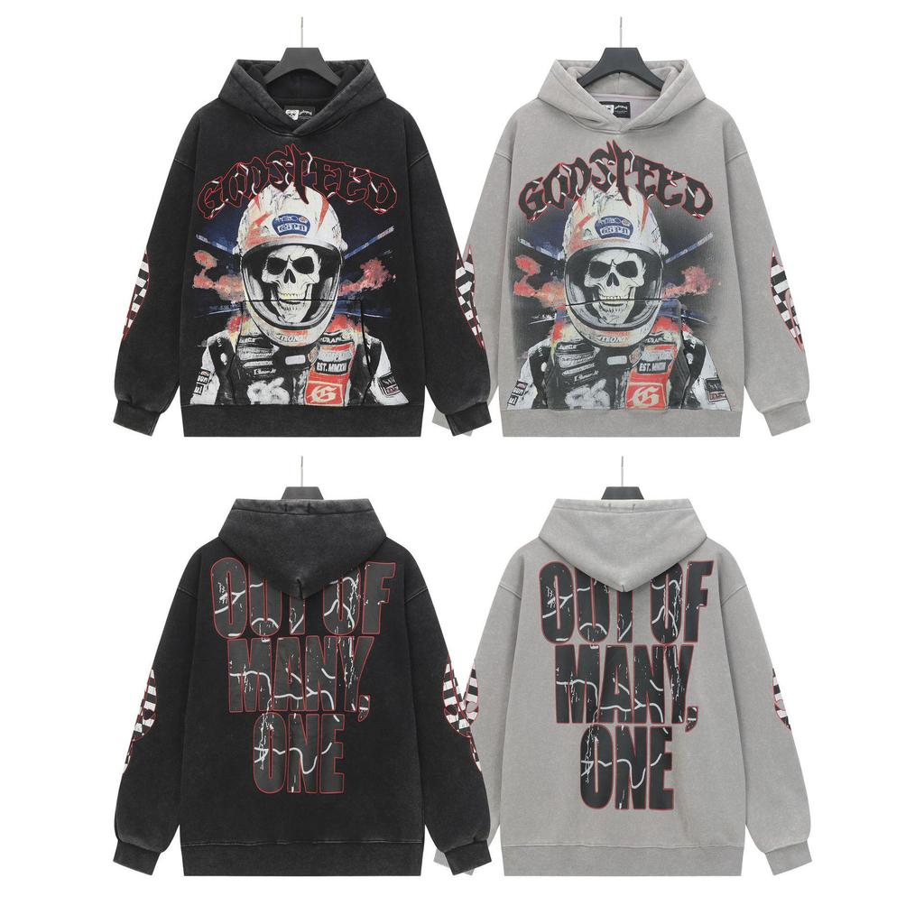 God Bless America Retro Rock Street Print Washed Hoodie - Casual Loose Fit