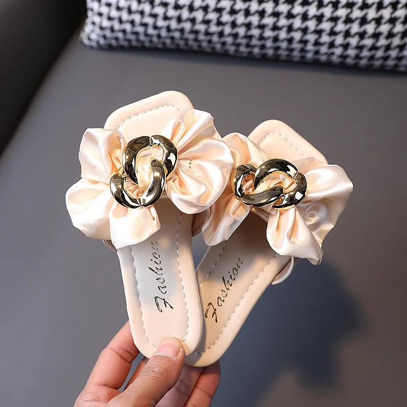 

Children s Cute Girls Slides Beach Slippers with Metal Satin Bow Flat Kids Fashion Green Open-toe Outdoor Summer Slippers Sweet 27