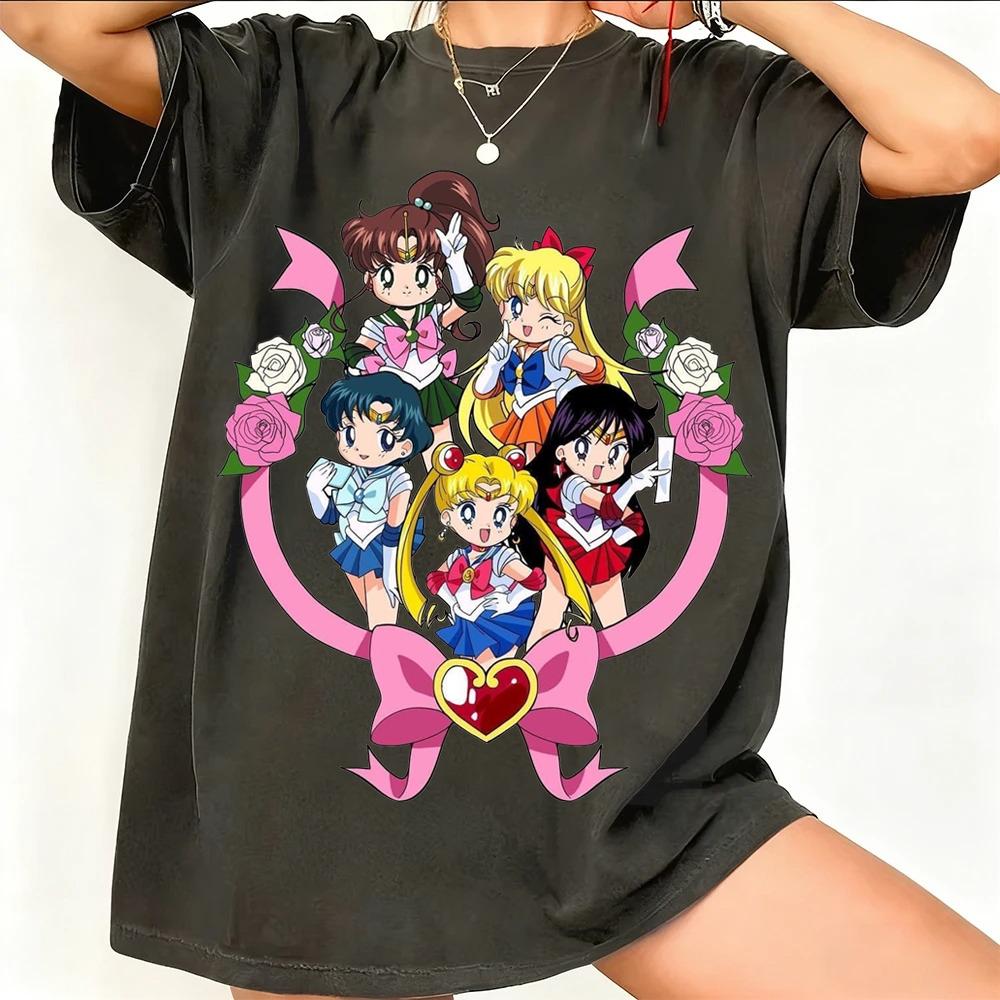 Sailor Moon Retro 90er Anime Grafik T-Shirt Sommer Baumwolle Unisex Damen Tee Streetwear Lässig Trend Kurzarm Paar Hip Hop Oberteil