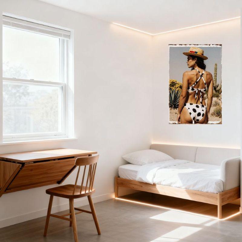 Sexy Woman In Desert Vintage Distressed Tin Sign Metal Poster - White Cow - Print Bikini, Straw Hat, Saguaro Cactus Background W