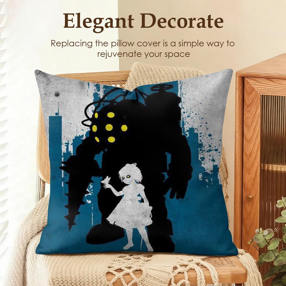 Fanart B-Bioshock R-Rapture Cushion Cover Natural Linen Organic Fabric Double-Sided Printing Sofa Home Decor Gift Pillow Case