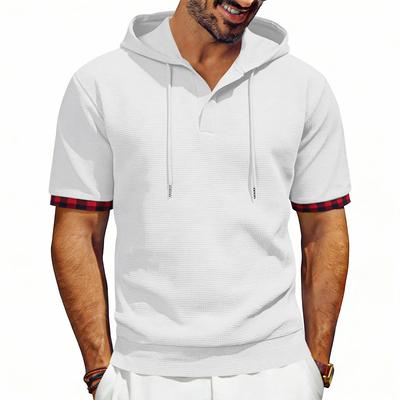 Men's Hooded T-Shirt Short Sleeve Contrast Plaid Cuff Drawstring Breathable Casual Pullover Tops Summer Hooded Tees Men