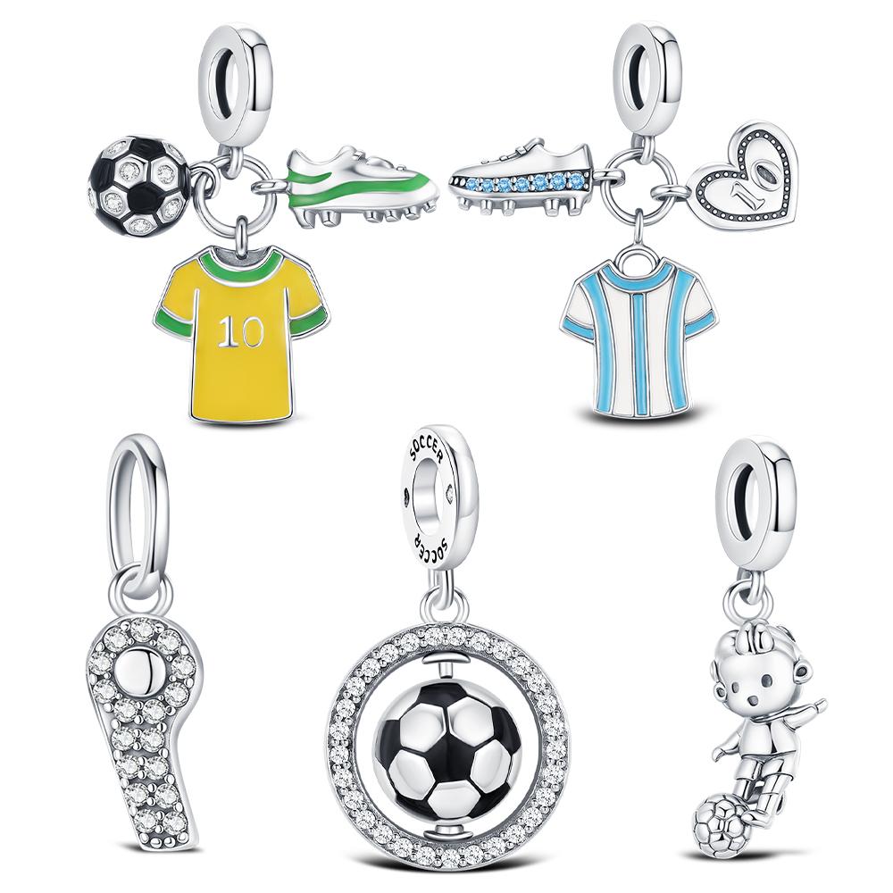 925 Silver Football Charm Sports Brazil Argentina Football Star No. 10 Jersey Beads Fit For Original Bracelet DIY Jewellery Gift