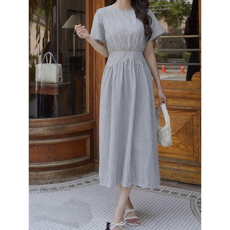 Plus Size Women's Clothing Fat Sister K-style Summer round Neck Stripes Waist-Controlled Lace-up Mid Length Long Length Short Sleeve Dress L-4XL