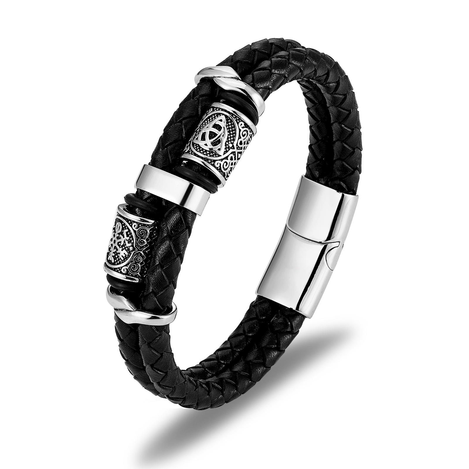 Men s Double Leather Braided Titanium Steel Bracelet, Stainless Steel Leather Rope Bracelet