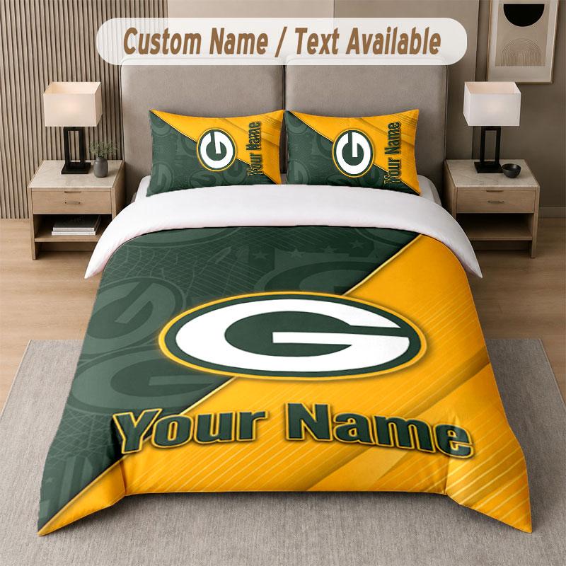 Custom Bedding Set Green Bay Packers Pattern, Print Name Text 1 Duvet Cover Plus 2 Pillowcases Home Textile