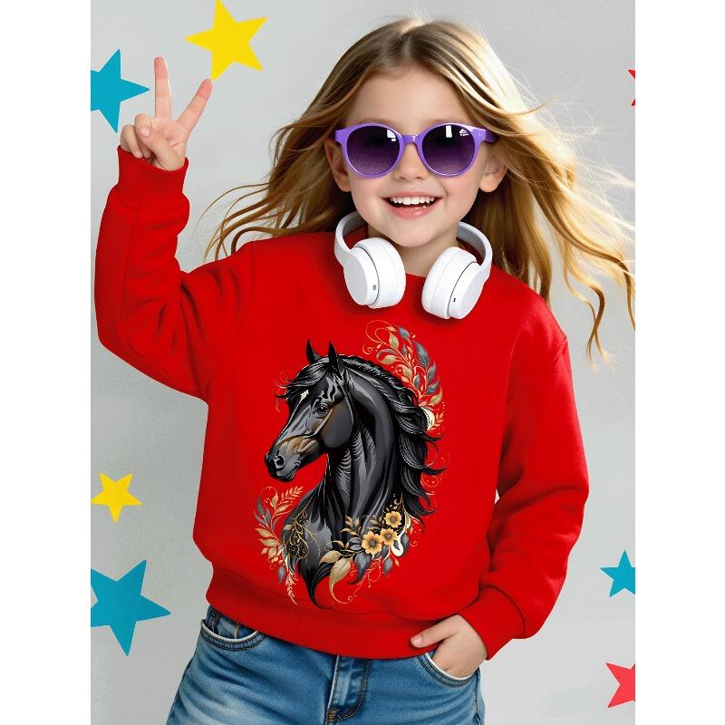 Kids Sweatshirt Crewneck Sweatshirt Black Horse with Golden Floral Pattern Machine Washable, Spring And Autumn, Sportswear And Casual Wear