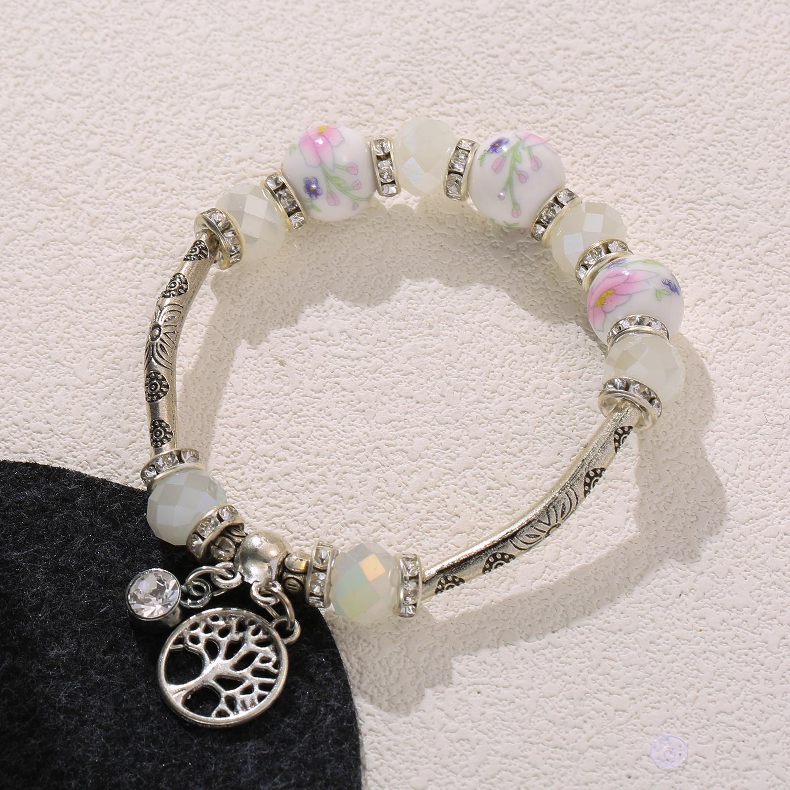 

Vintage Silver Owl Charm Blue White Porcelain Beaded Bracelet for Women Ethnic Jewelry Gift 16.5cm