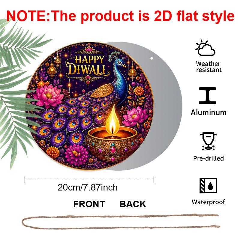 2D Flat, 1pc Round Aluminum Wall Hanging Ornament, Happy Diwali Colorful Peacock Gemstone Diya Lotus Marigold Printed Plaque, Wealth Fortune Blessing