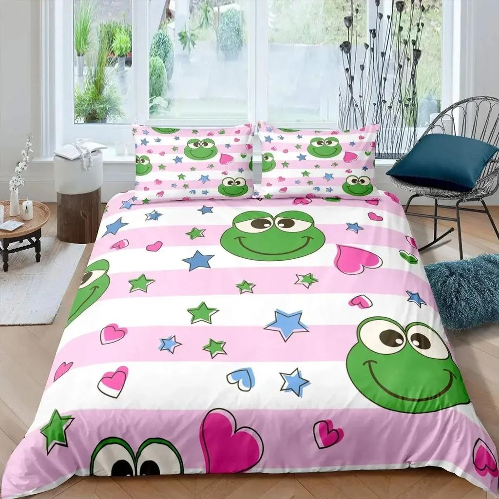 Cartoon Frog Duvet Cover Set Light Green Cartoon Frogs Cute Dragonfly Animal Bedding Set for Boy Twin Size Polyester Quilt Cover