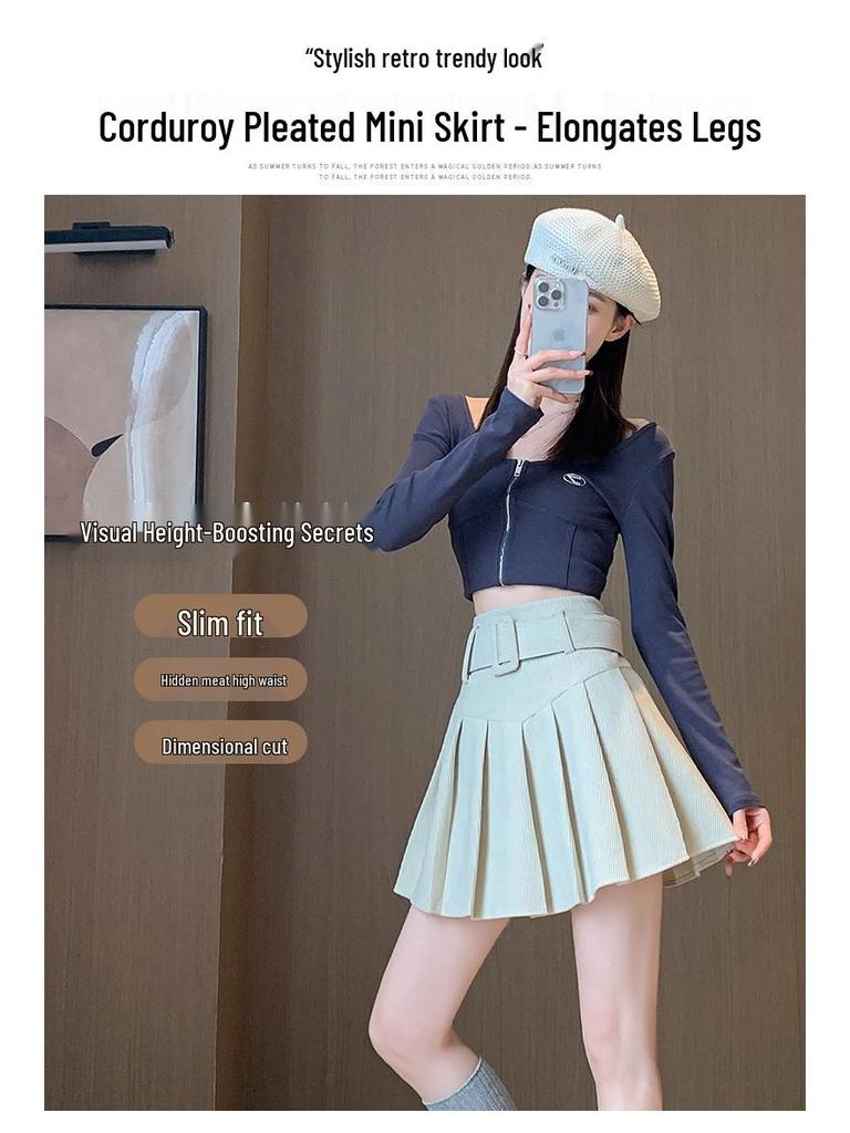 High-Waisted Pleated Chenille A-Line Skirt for Tall Women - Anti-Exposure, Corduroy, Short, Suitable for Spring and Autumn.