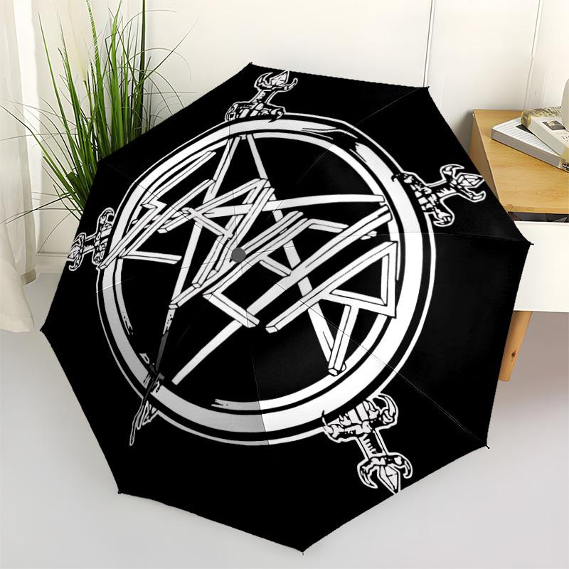 1pc Slayer Logo Automatic Umbrella   8 Rib Portable Folding Black Iron Frame for Outdoor, Beach, Travel, Beach Umbrella 159
