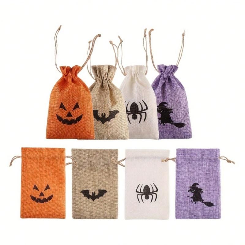 4 PCS Halloween Pumpkin Burlap Bags with Drawstring,Treat Bags Linen Goody Bags Candy Pouches  Halloween Party Favors Small Bags