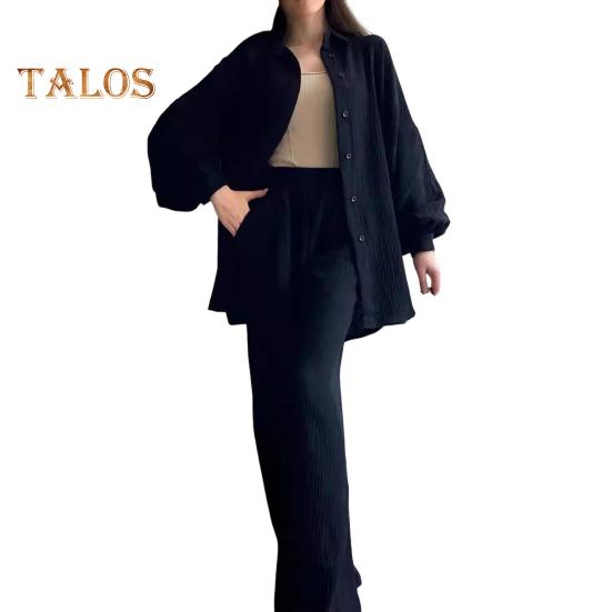 2 Pcs/Set Women Shirt Pants Set Turn-down Collar Single-breasted Long Sleeves Loose Top Elastic Waist Wide Leg Trousers Sport Tracksuit