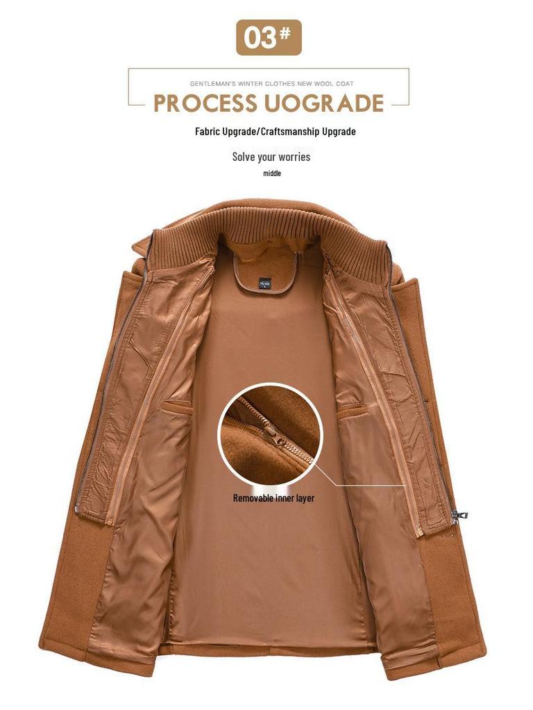 European Style Woolen Double Collar Men's Windbreaker – Vertical Zipper, Thickened Plus Size for Autumn/Winter.