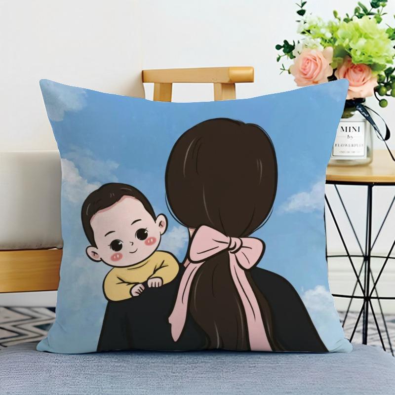 Happy Family Print Decorative Pillowcase Bedroom Living Room Square Cushion Pillowcase