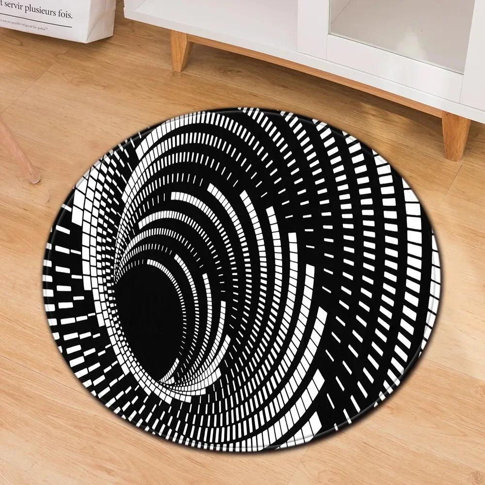 Crystal Velvet Psychedelic Round Rug,Black  White Geometric Illusion Print Non Slip Floor Mat for Living Room,Coffee Table,Decor