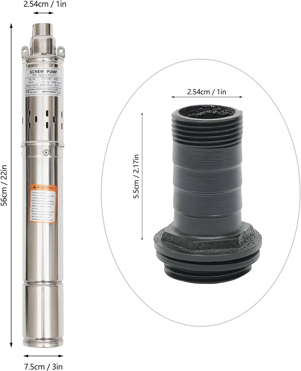 

1 Inch Outlet Stainless Steel Submersible Well Pump, 115V 60Hz Deep Well Pump,1.8m³/h 0.5HP 262.47 ft Head for Irrigation, Home 115V&US срібний