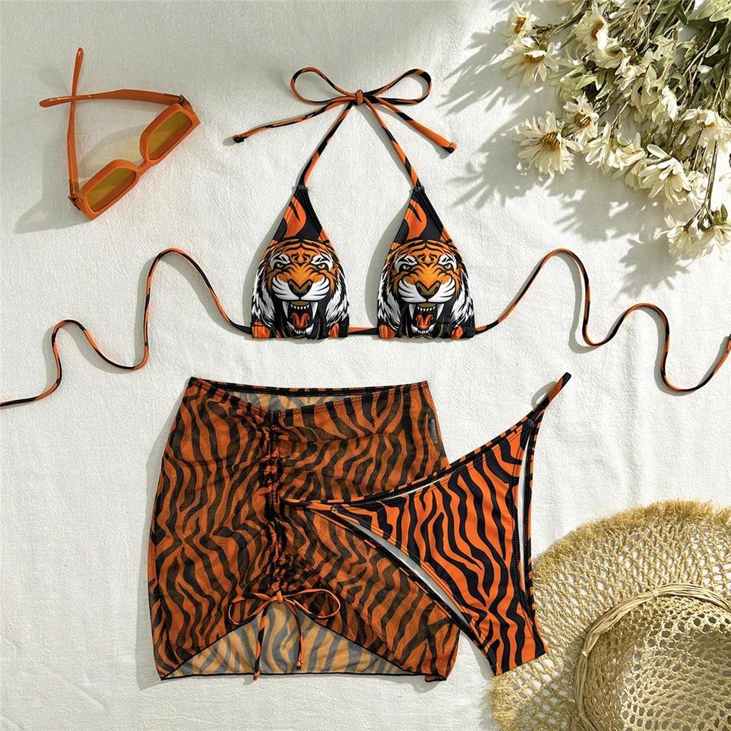 New Tiger Printed With Skirt Halter Bikini Women Swimwear Female Swimsuit Three-pieces Bikini set Bather Bathing Suit Swim