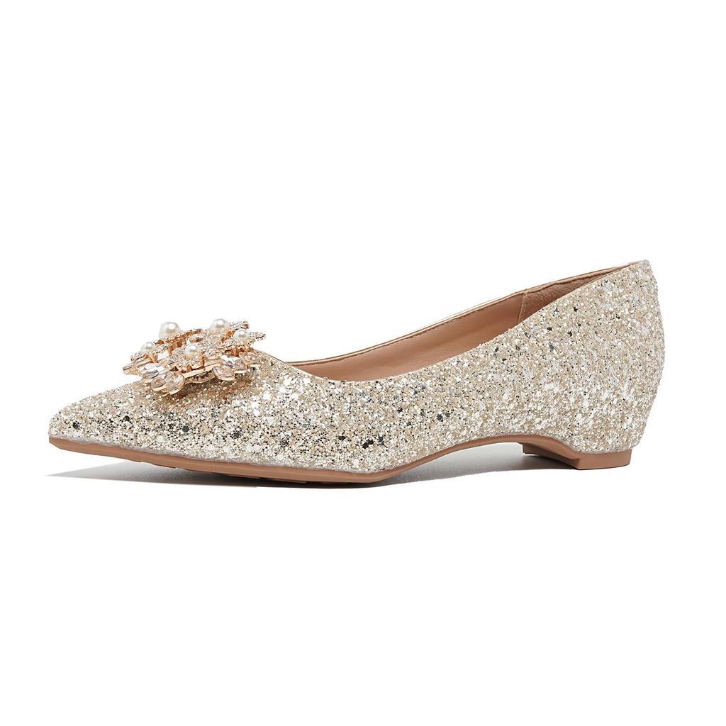 Rhinestone Buckle Wedge Heel Wedding Shoes - Women's Pointed Toe Flats with Inner Height Increase.