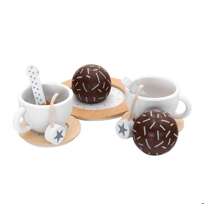 GINGER HOME – Wooden Tea and Coffee Service for Children with Accessories, White/grey, Tray 26x20 Cm, 3+ Years