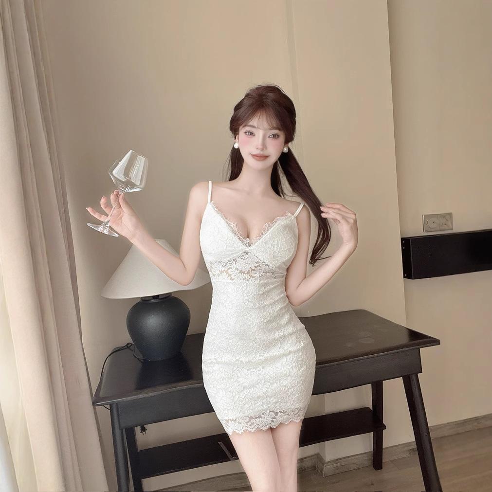 Nightclub women's clothing sexy low-cut v-neck fashion temperament suspender dress wind pure lace short skirt