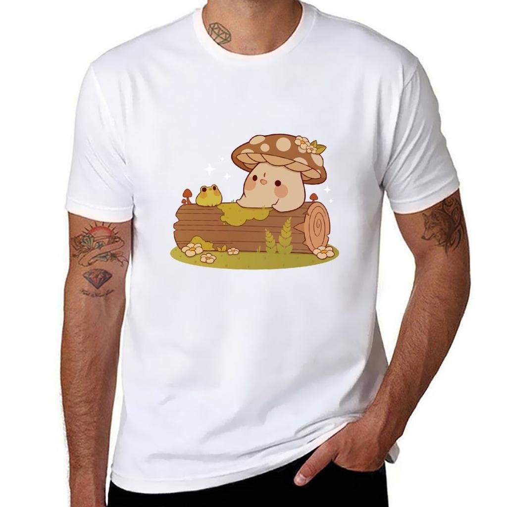 Mushroom and Frog Friends TShirt Minimalist Casual Short Sleeve Top