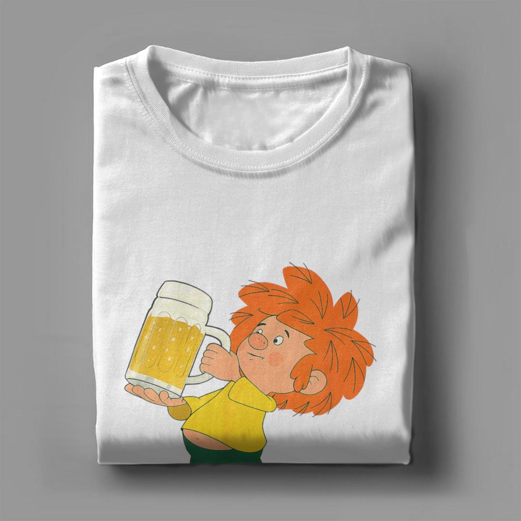 Men T-Shirt Pumuckl Drinks Beer Vintage Pure Cotton Tee Shirt Short Sleeve Anime Cartoon T Shirts Crew Neck Clothing Plus Size