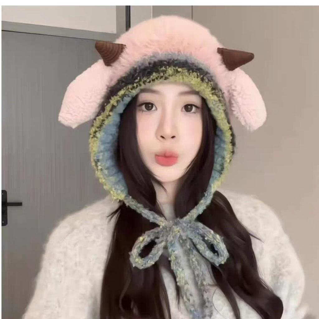 Simpatico Cappello di Peluche in Lana d'Agnello - Autunno/Inverno da Donna Caldo con Lacci Lavorato a Maglia Protezione Orecchie Versatile Pullover.