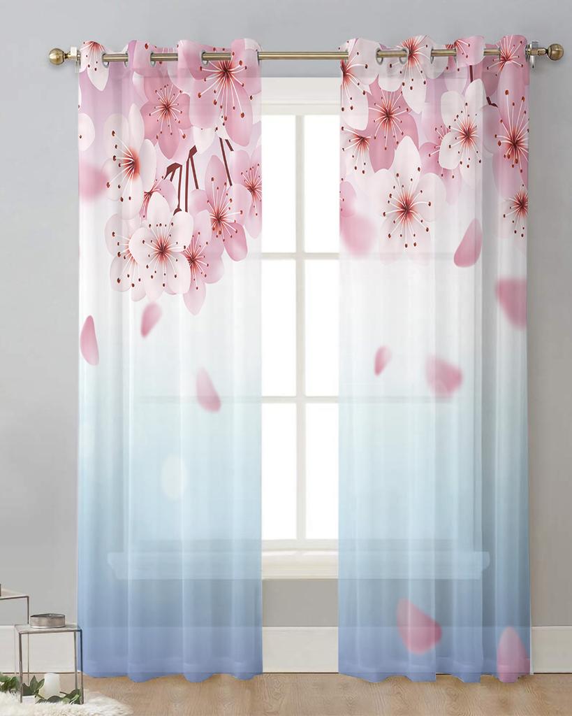 Spring Cherry Blossom Flowers Gradient Sheer Curtains for Living Room Decoration Window Curtains Kitchen Tulle Voile Curtains