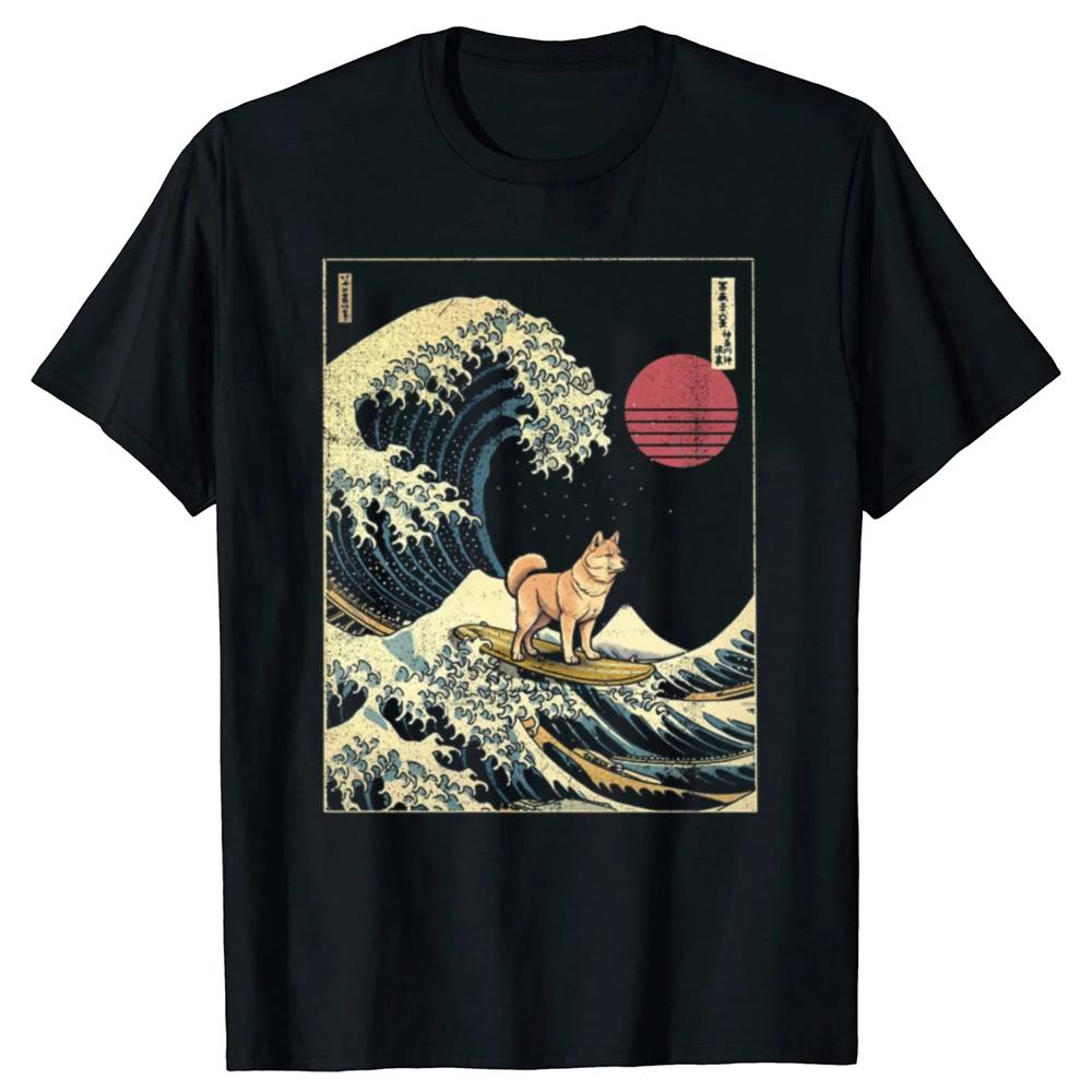 

Funny Shiba Inu Japanese Surf Wave Pattern T-shirt Men s Cotton Humorous Street Style Short-sleeved T-shirt Unisex Loose Y2K 4XL
