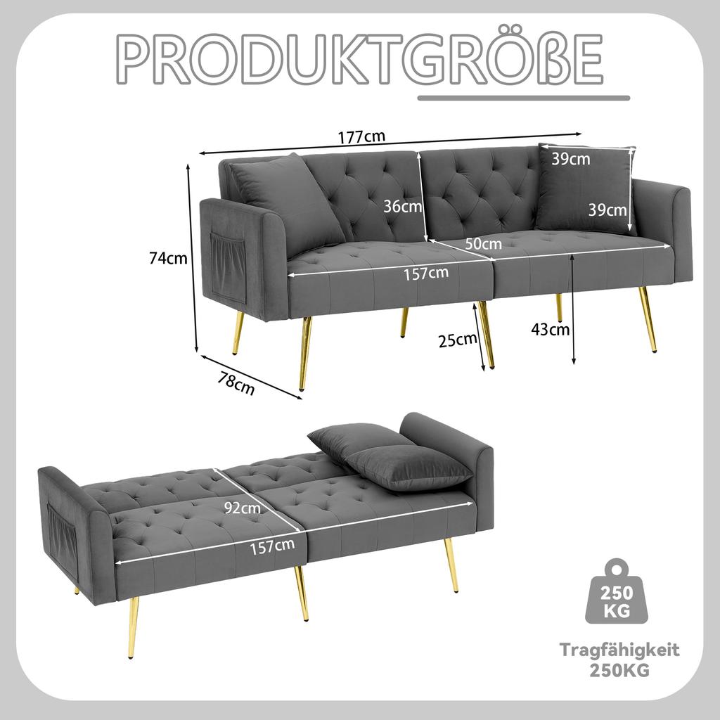 Modern Velvet Two-seater Sofa, 3-level Adjustable Backrest, 2 Included Cushions, Sturdy Metal Legs, Soft & Comfortable for Living Room, Gray