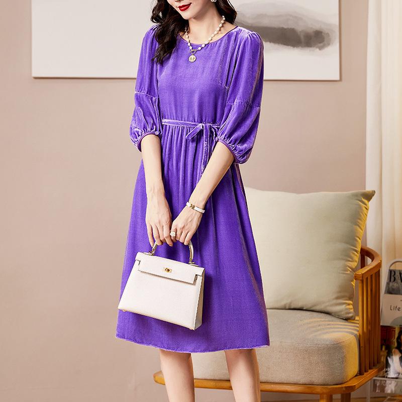 Silk Velvet Women's Dress with Belt & 3/4 Sleeves - Autumn Winter Collection