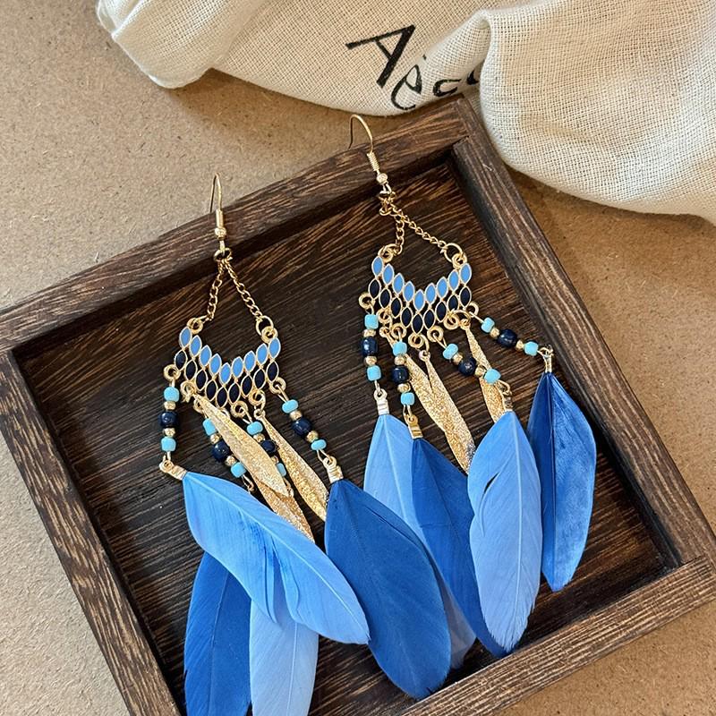 Bohemian Feather Seed Bead Tassel Earrings - Retro Ethnic Dangle Jewelry