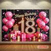 2D 18th Birthday Party Decoration Backdrop, Pink Gold Crown & Balloon Photo Background Banner