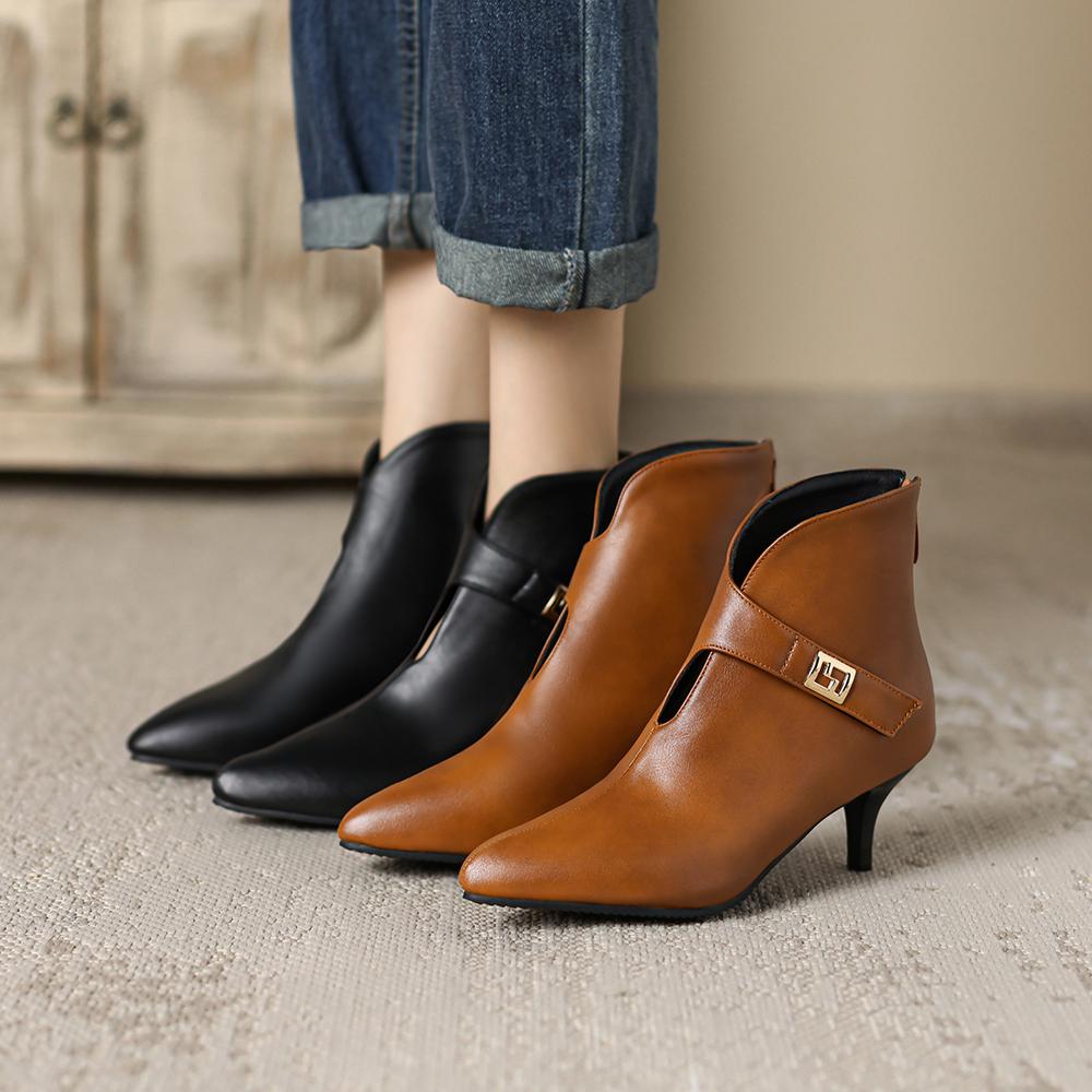 Spring Brown Black Women Ankle Boots Pointed Toe High Heel Small Big Size 32 45