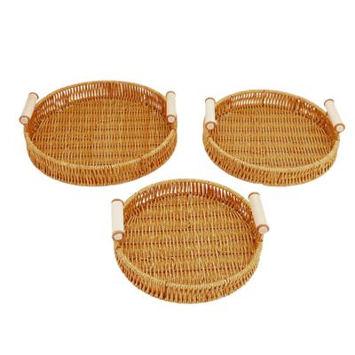 Woven Serving Tray Decorative Multipurpose Round Serving Basket with Dual Handles for Fruit Bread for Living Room 3pcs