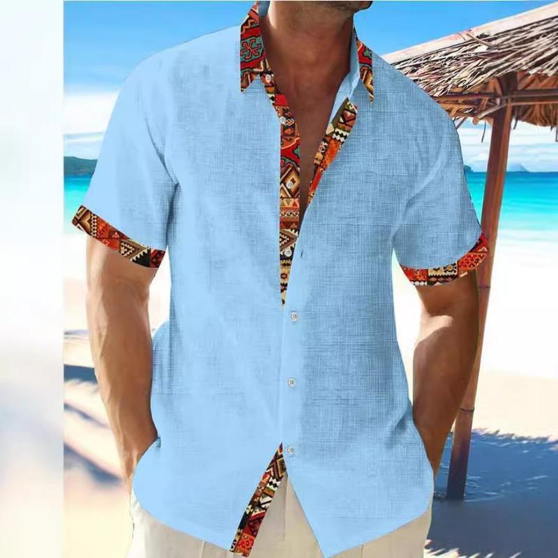 Men Short Sleeve Ethnic Print Casual Button Down Shirt Tops