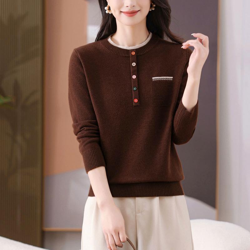 Жіночий в'язаний светр з круглим вирізом, дизайн color block, осінь-зима, новий, елегантний, модний, з довгим рукавом, універсальний топ-пуловер