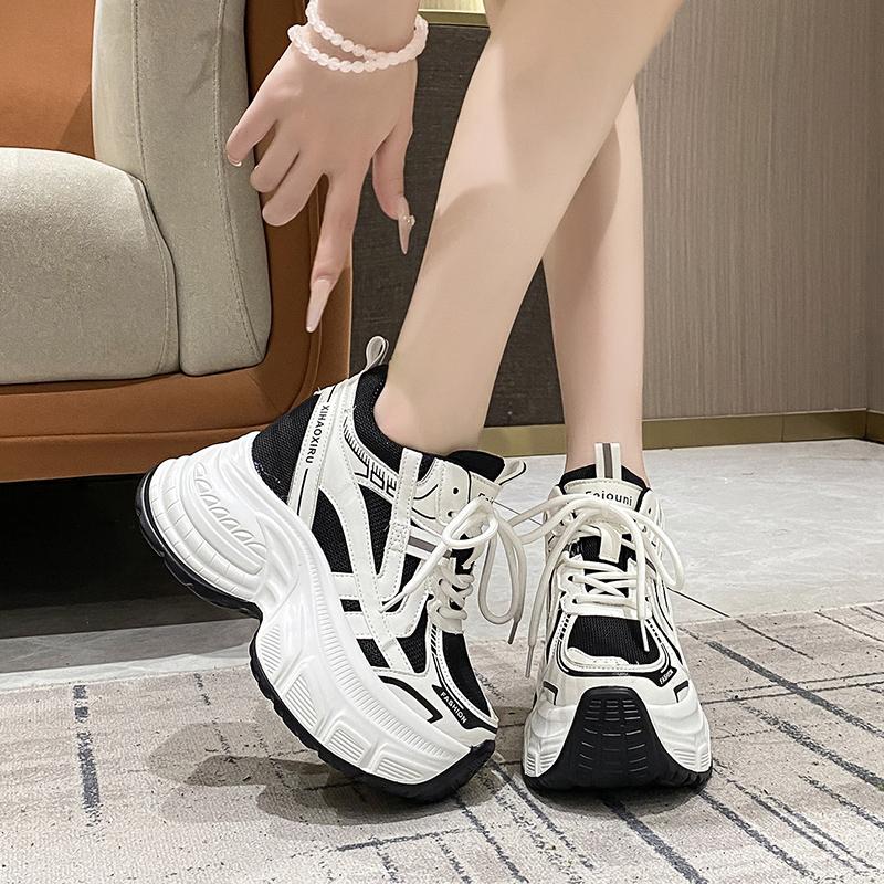 Fashion 10CM Women Autumn Breathable Mesh Microfiber Sneakers High Platform Wedge Shoes Fashion Women Lace-up Chunky Sports Dad Shoes