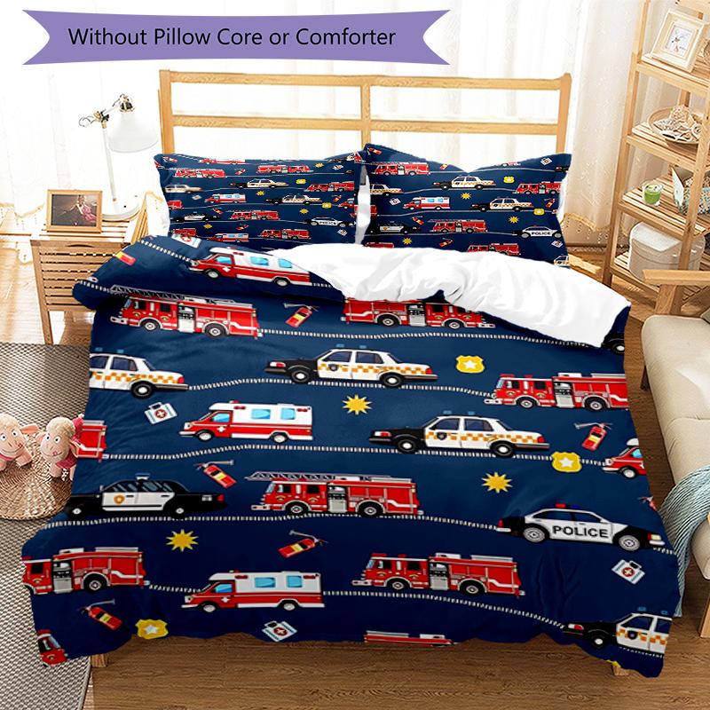 3pcs fire truck Bedding Set Duvet Cover Closure Includes 1 Duvet Cover & 2 Pillowcases, Soft and Comfortable for All Seasons.