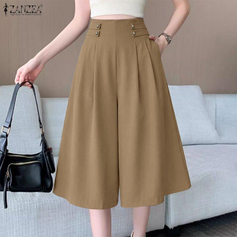 ZANZEA Womens Casual Solid Color Loose A-line Wide Leg Capris Pants