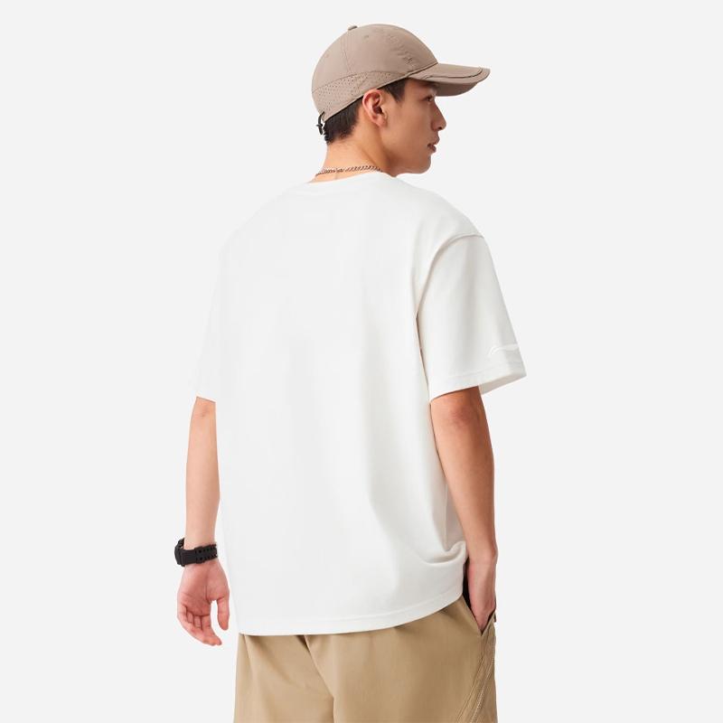 Li Ning Pure Cotton Minimalist Round Neck Versatile Solid Color Basic Loose Casual Short Sleeve T-Shirt Unisex Tops White F-AVSV675-2