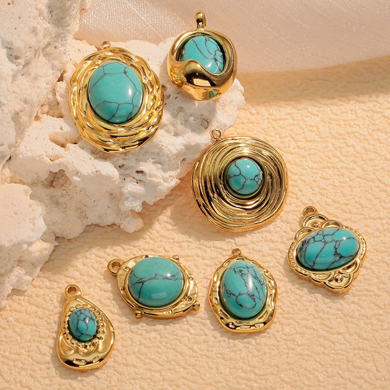 European Retro Turquoise Geometric Oval Pendant - Stainless & Titanium Steel Jewelry for Women