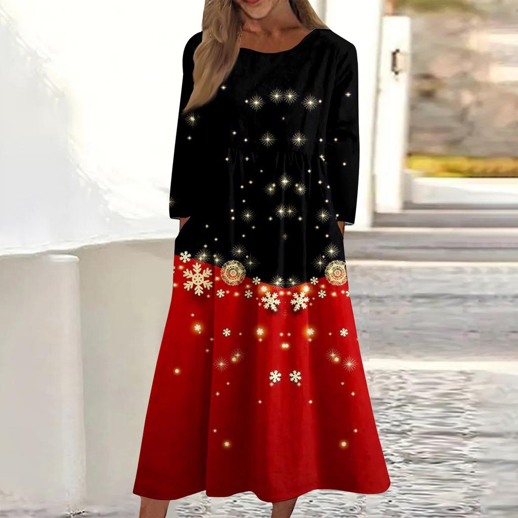 Women's Casual Round Neck Christmas Print Midi Dress Long Sleeve Pocket Dress