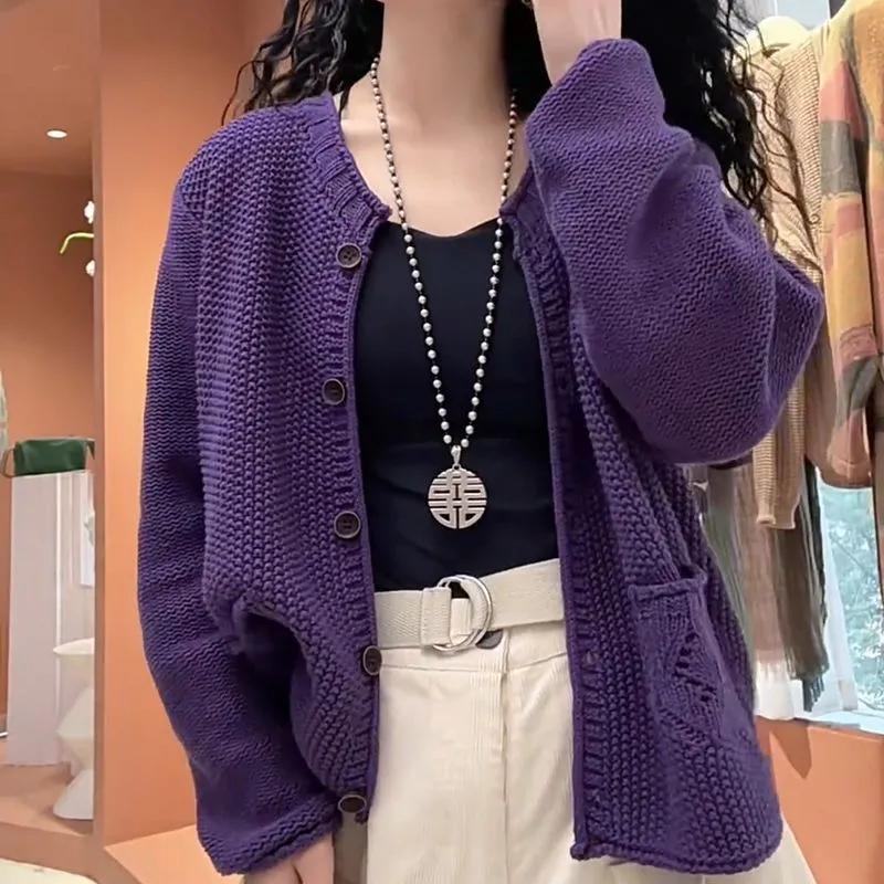 Round Neck Long-sleeved Knitted Cardigan Sweater Jacket for Women Spring Korean Style Loose and Fashionable Age-reducing Top