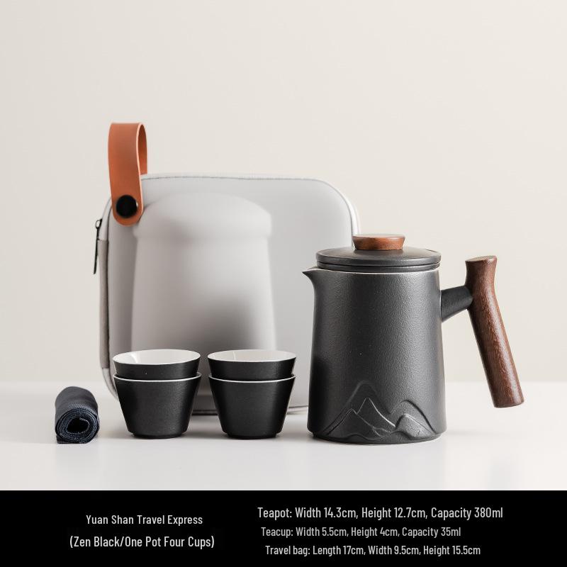 Embossed Mountain Travel Tea Set: Portable Quick-Brew Pot with Four Cups